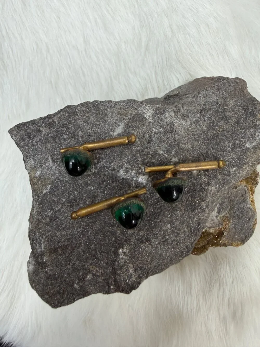 Vintage Set of 3 Green Glass & Brass Button Shirt Studs